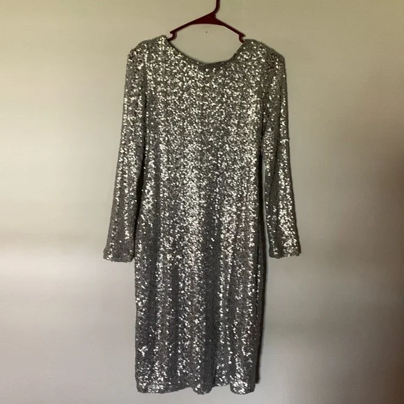 MARINA | Dresses | Silver Sequin Cocktail Dress By Marina Size 6 Cowl Back  Semi Sheer Sleeves | Poshmark